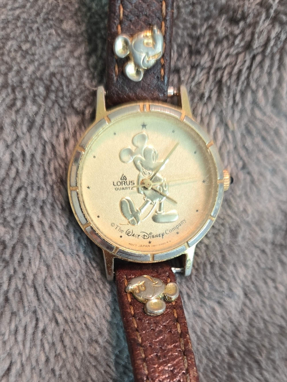 Lorus Mickey Mouse Gold-Tone Quartz Watch with Brown Leather Strap
